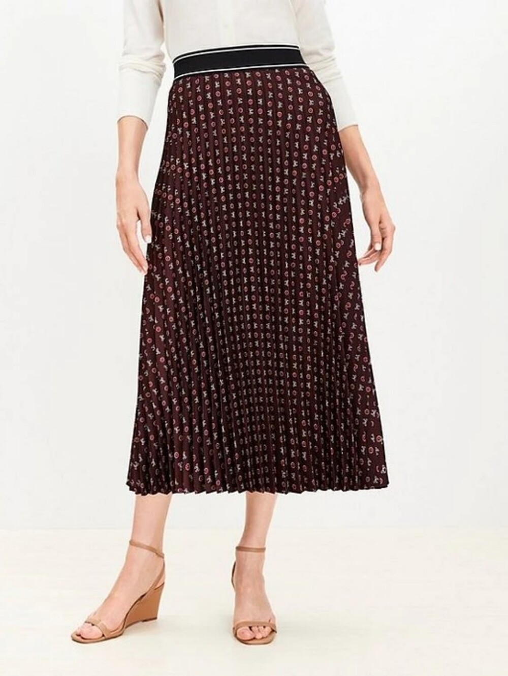 LOFT Pleated Midi Skirt in Burgundy with Subtle Print